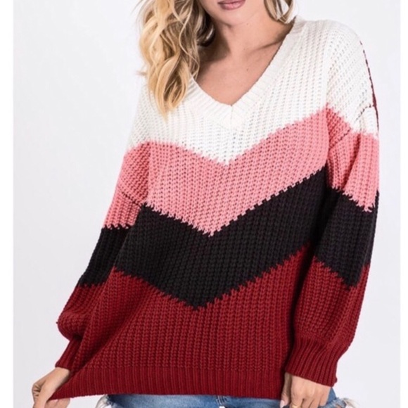 $ FIRM 🌷 Burgundy Chevron Colorblock Sweater - Picture 4 of 8